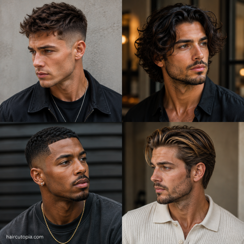 Celebrity inspired haircuts for men featuring a textured crop, wavy flow, short fade and swept-back hairstyle