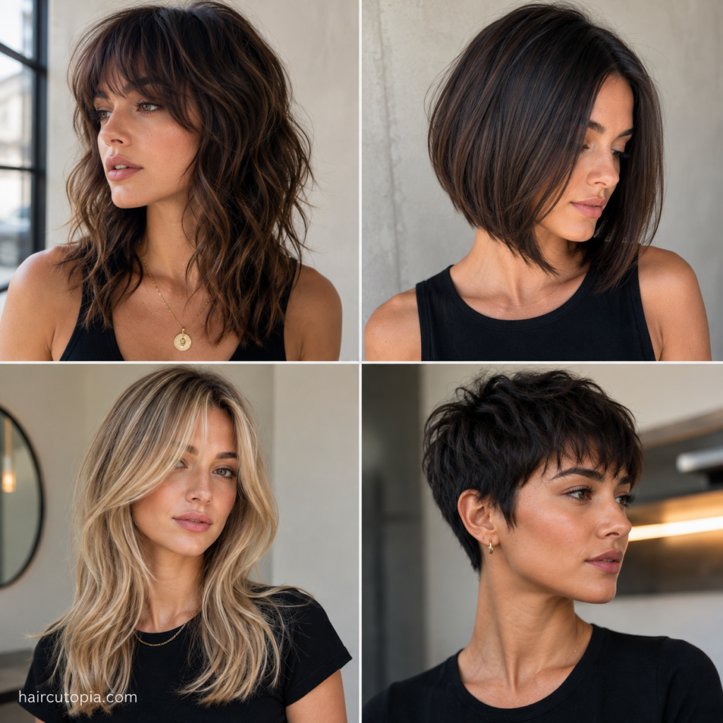 Celebrity inspired haircuts for women featuring a modern shag, bob, long layers, and pixie cut