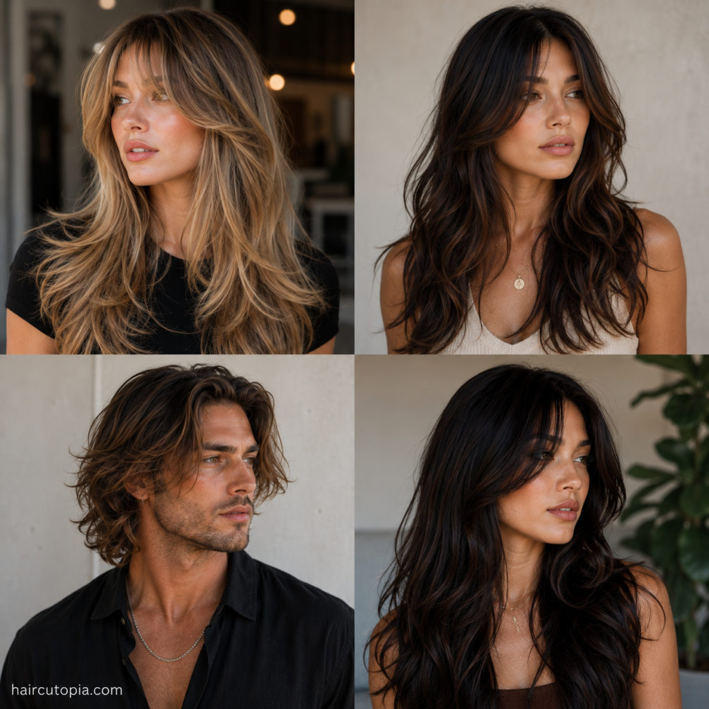 Celebrity inspired long haircuts featuring butterfly layers, curtain bangs, face-framing layers, and long waves