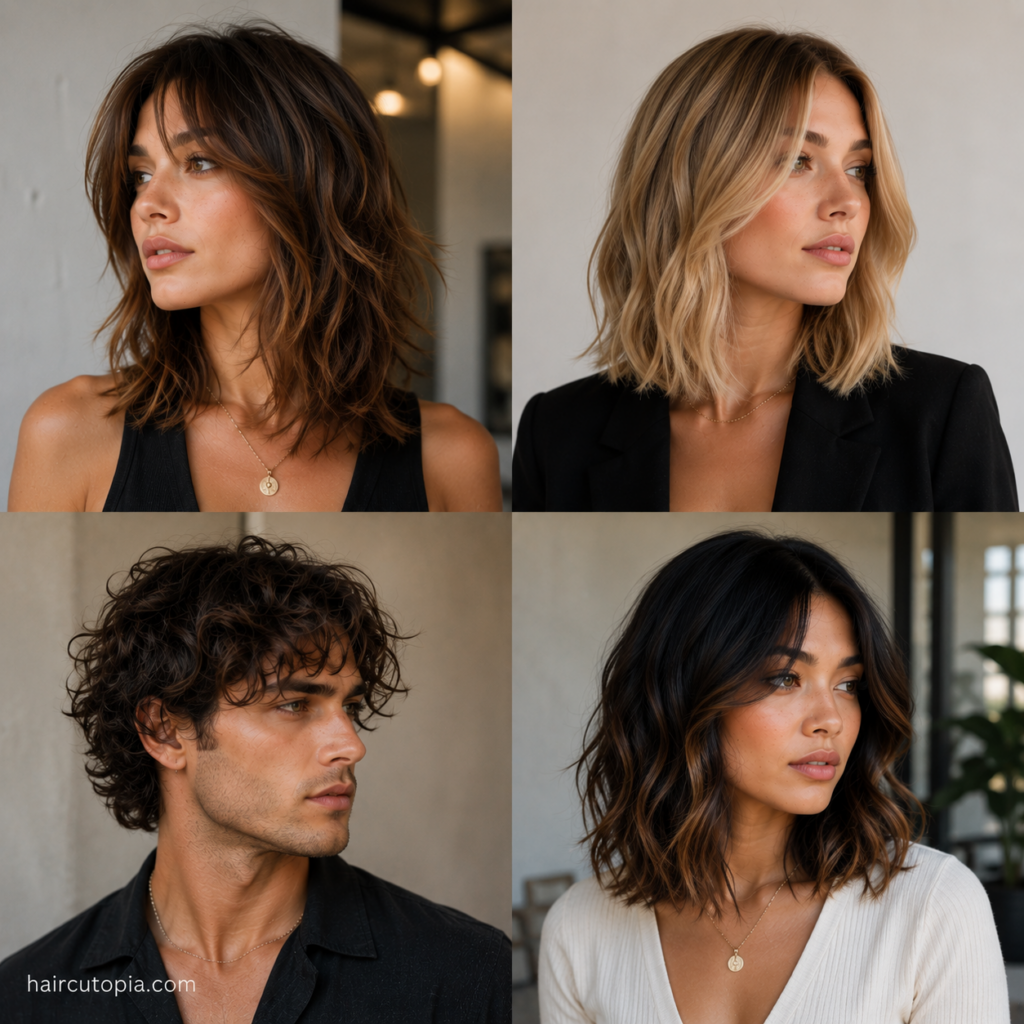 Celebrity inspired medium haircuts featuring layered hair, a shoulder-length lob, curls, and a wavy bob