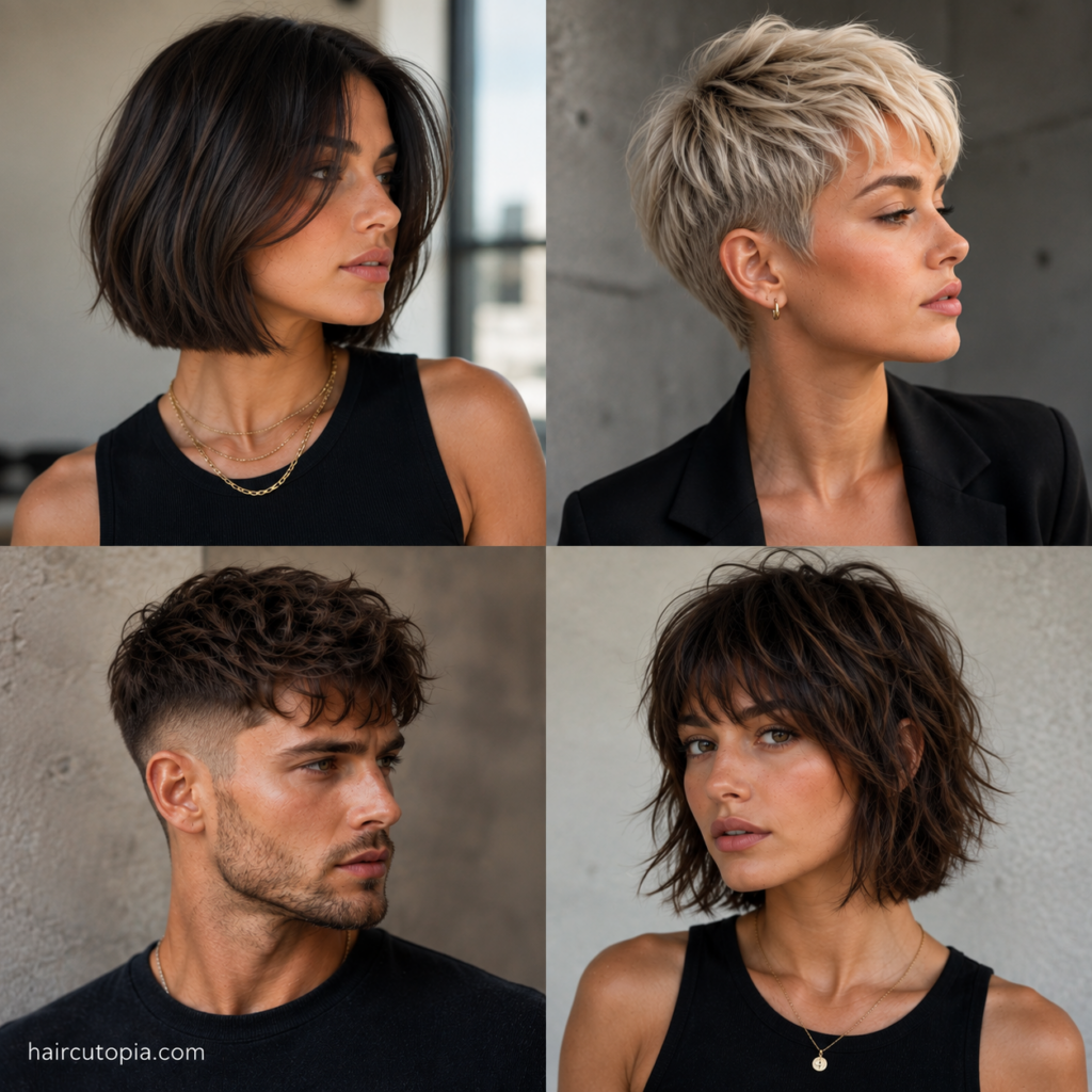 Celebrity inspired short haircuts featuring a sleek bob, textured pixie, short fade, and layered shag