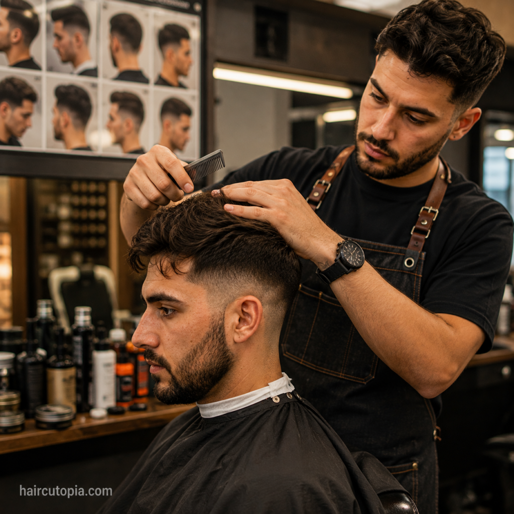 Barber styling a client's hair while choosing the right haircut
