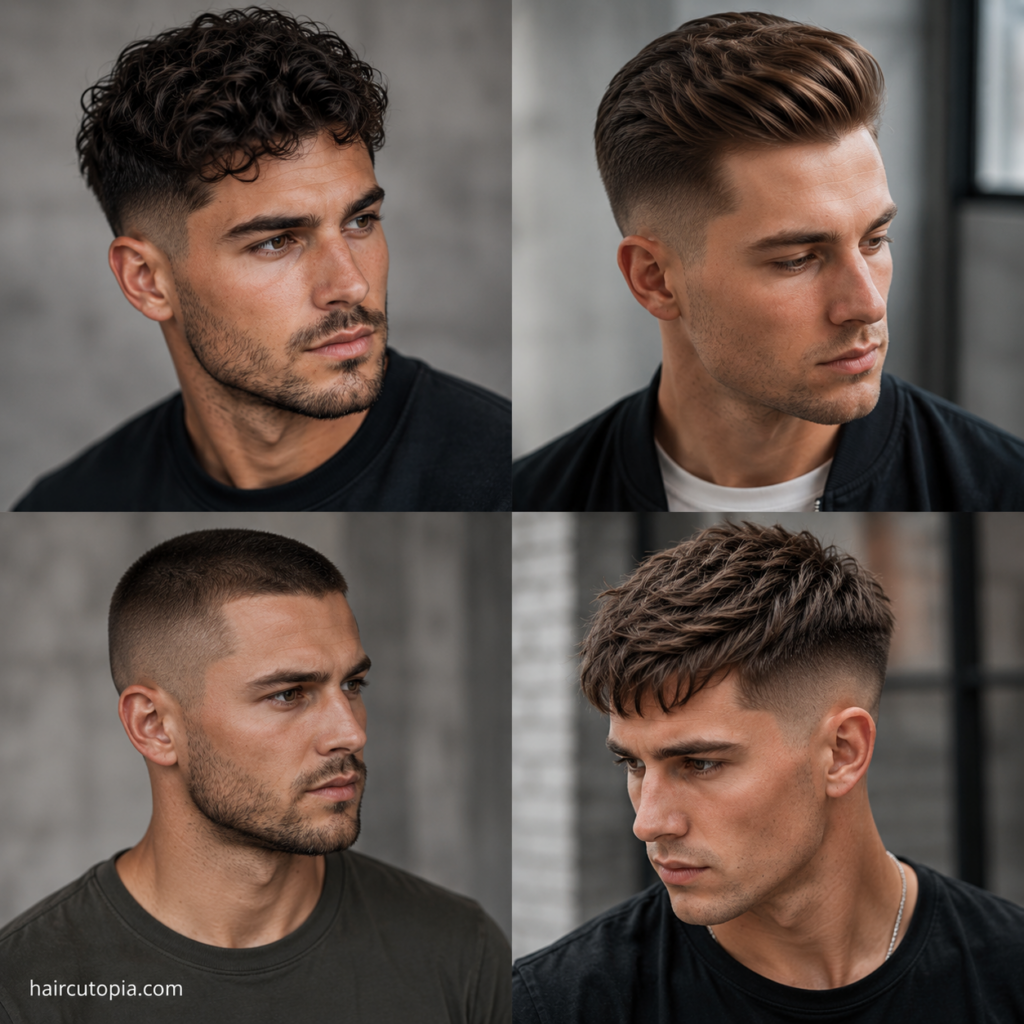 Four classic haircuts for men featuring curly, swept-back, buzz cut and textured styles