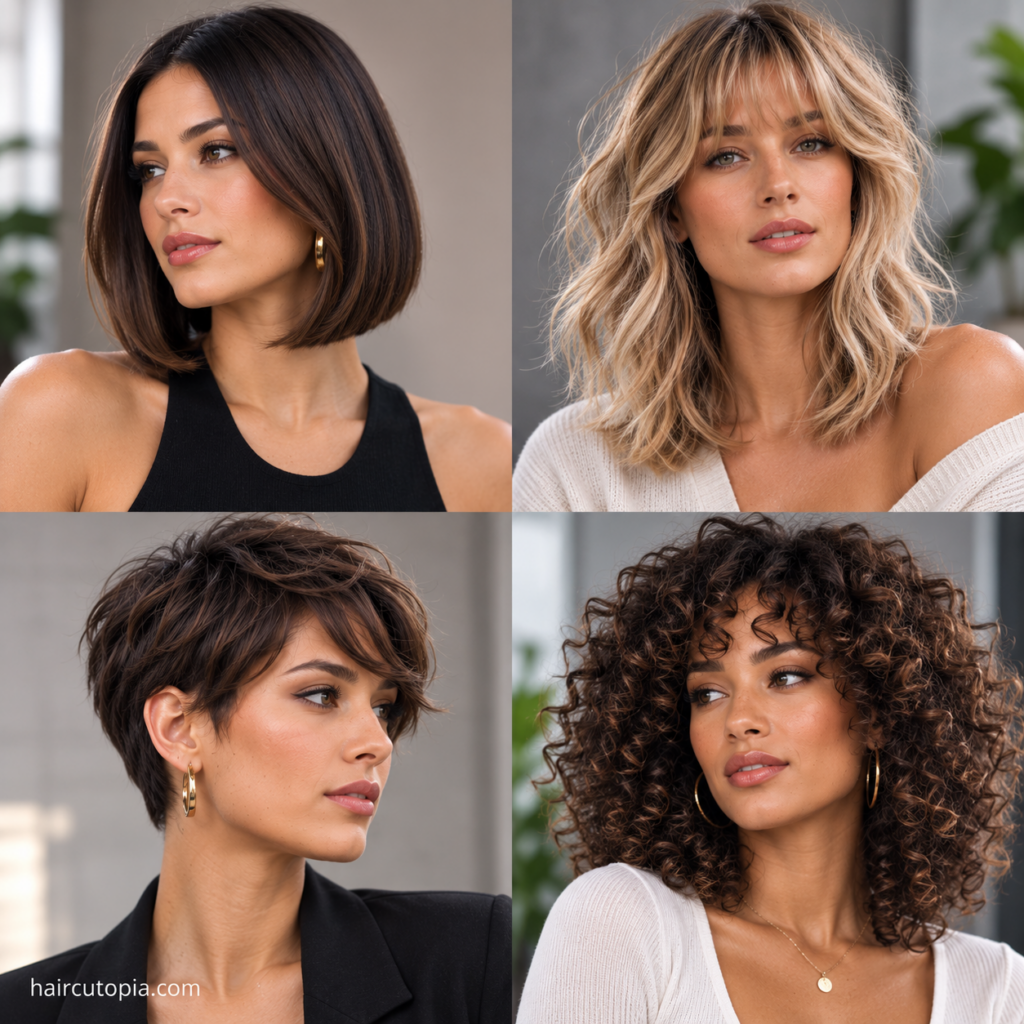 Four classic haircuts for women featuring a bob, layered shag, pixie cut and curly hairstyle