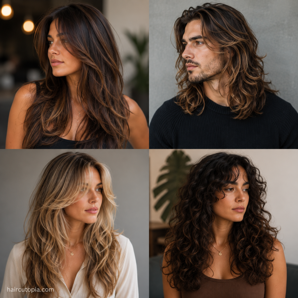 Classic long haircuts for men and women featuring layers, waves, curls and face-framing styles
