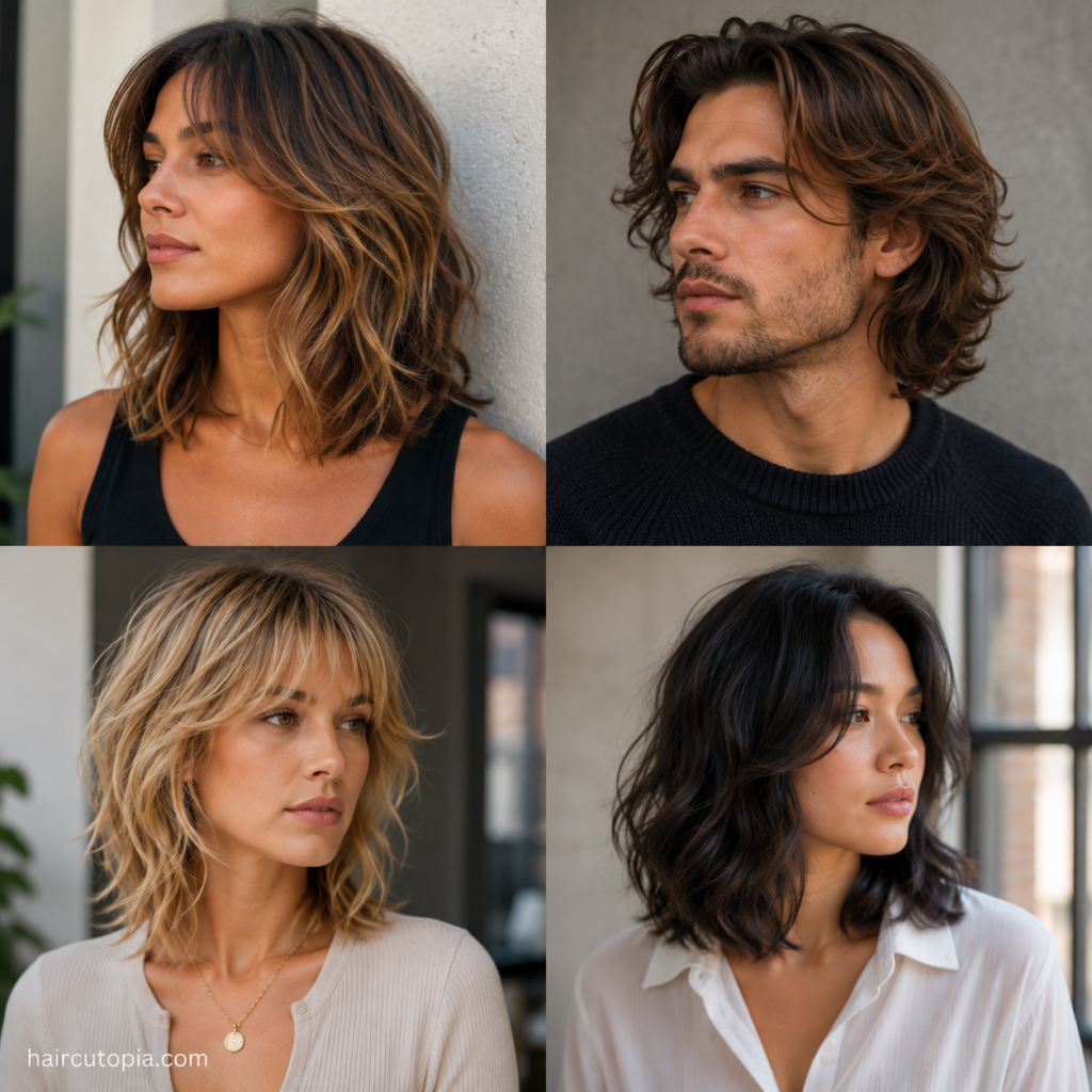 Classic medium haircuts for men and women featuring layered, wavy, shag and face-framing styles