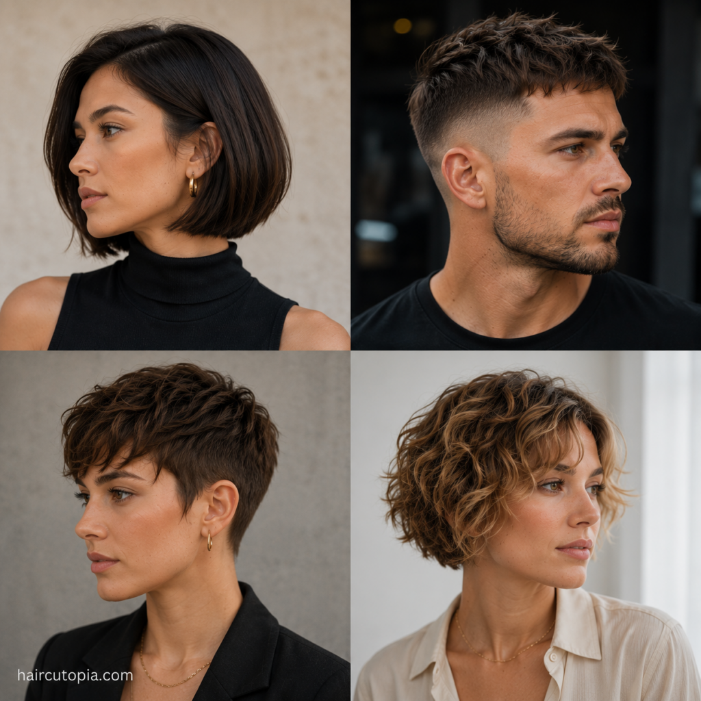 Classic short haircuts for men and women featuring a bob, textured crop, pixie cut and short curly hairstyle
