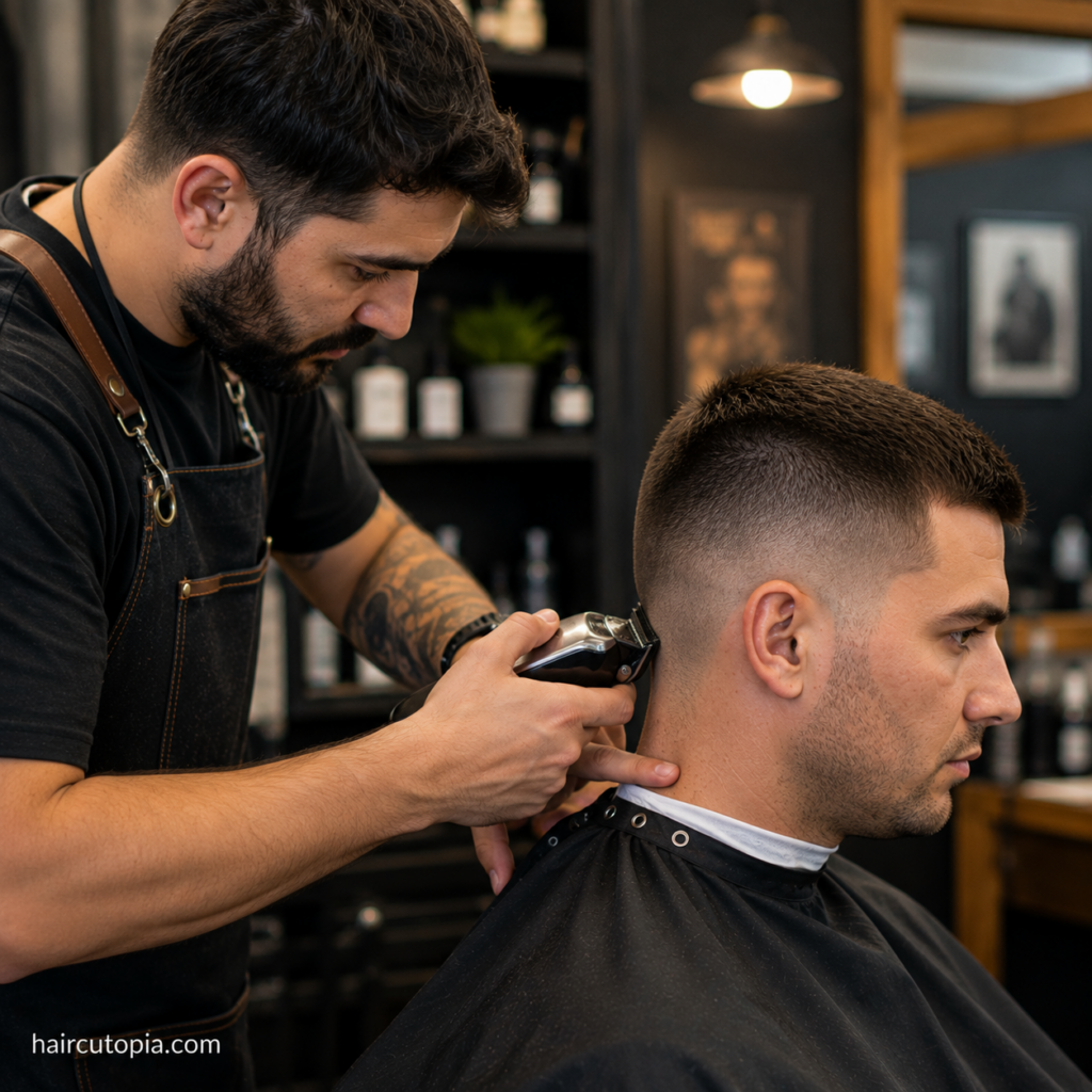 Barber using clippers to clean up the fade and neckline of a crew cut