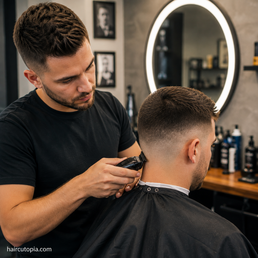 Barber using clippers to clean up the neckline of a crew cut