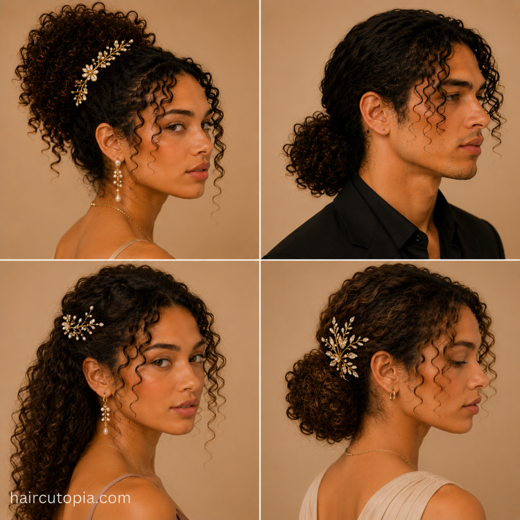 Men and women showcasing curly hairstyles for special events including elegant updos, ponytails, and decorative hair accessories