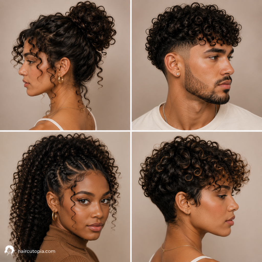 Curly hairstyle ideas featuring a curly bun, men's curly fade, curly ponytail, and short curly pixie