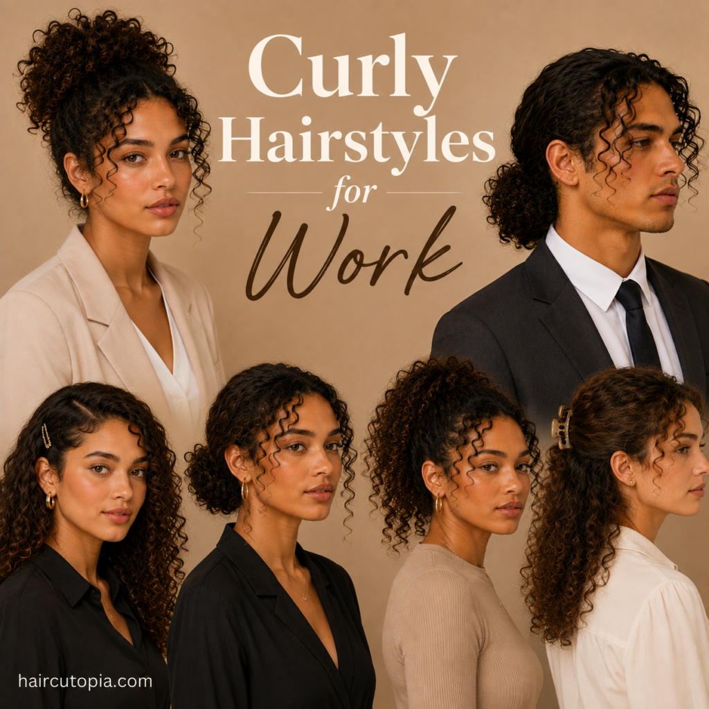 Men and women showcasing professional curly hairstyles for work including buns, ponytails, and natural curls