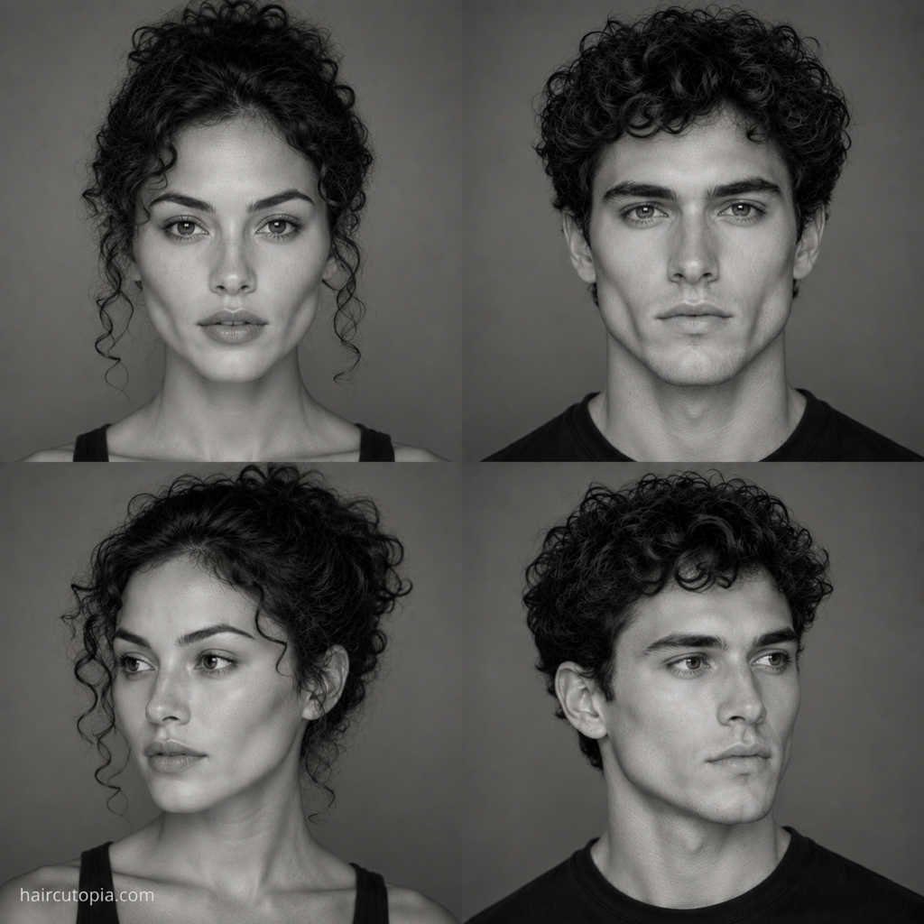 Four-panel black-and-white editorial collage showing feminine-presenting and masculine-presenting adults with diamond face shapes and naturally curly hair from front and three-quarter views.