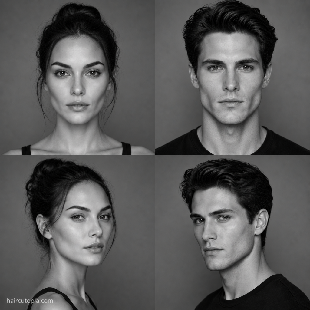 Four-panel black-and-white editorial collage showing feminine-presenting and masculine-presenting adults with diamond face shapes from front and three-quarter views.