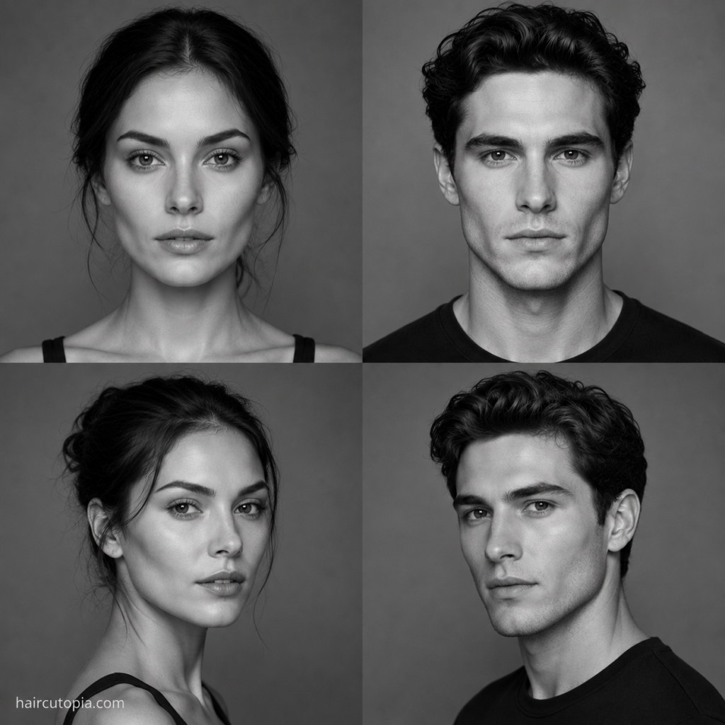 Four-panel black-and-white editorial collage showing feminine-presenting and masculine-presenting adults with diamond face shapes from front and three-quarter views.
