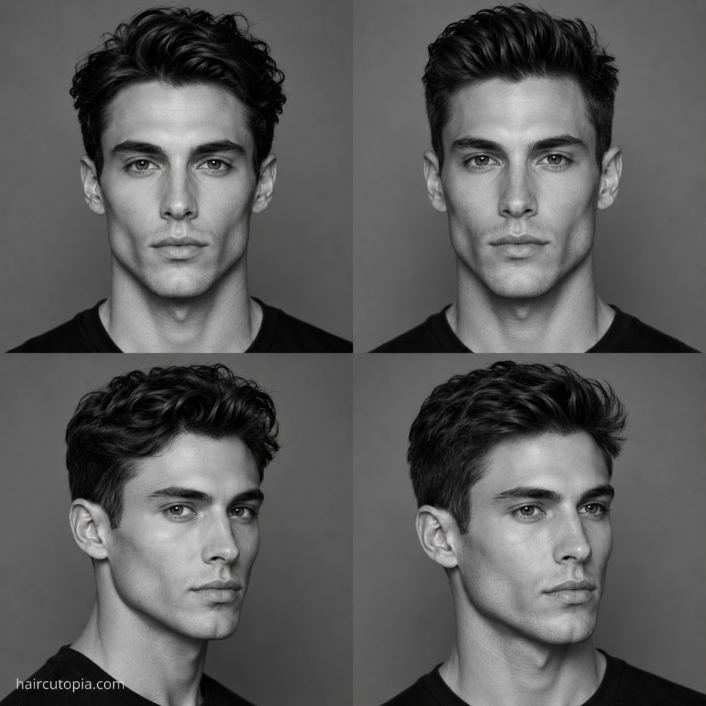 Four-panel black-and-white editorial collage showing a man with a diamond face shape from front and three-quarter views.