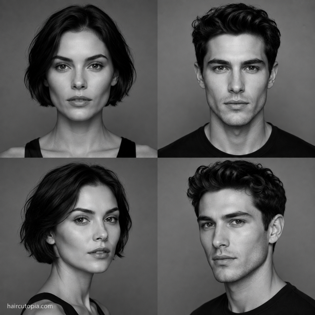 Four-panel black-and-white editorial collage showing feminine-presenting and masculine-presenting adults with diamond face shapes from front and three-quarter views.