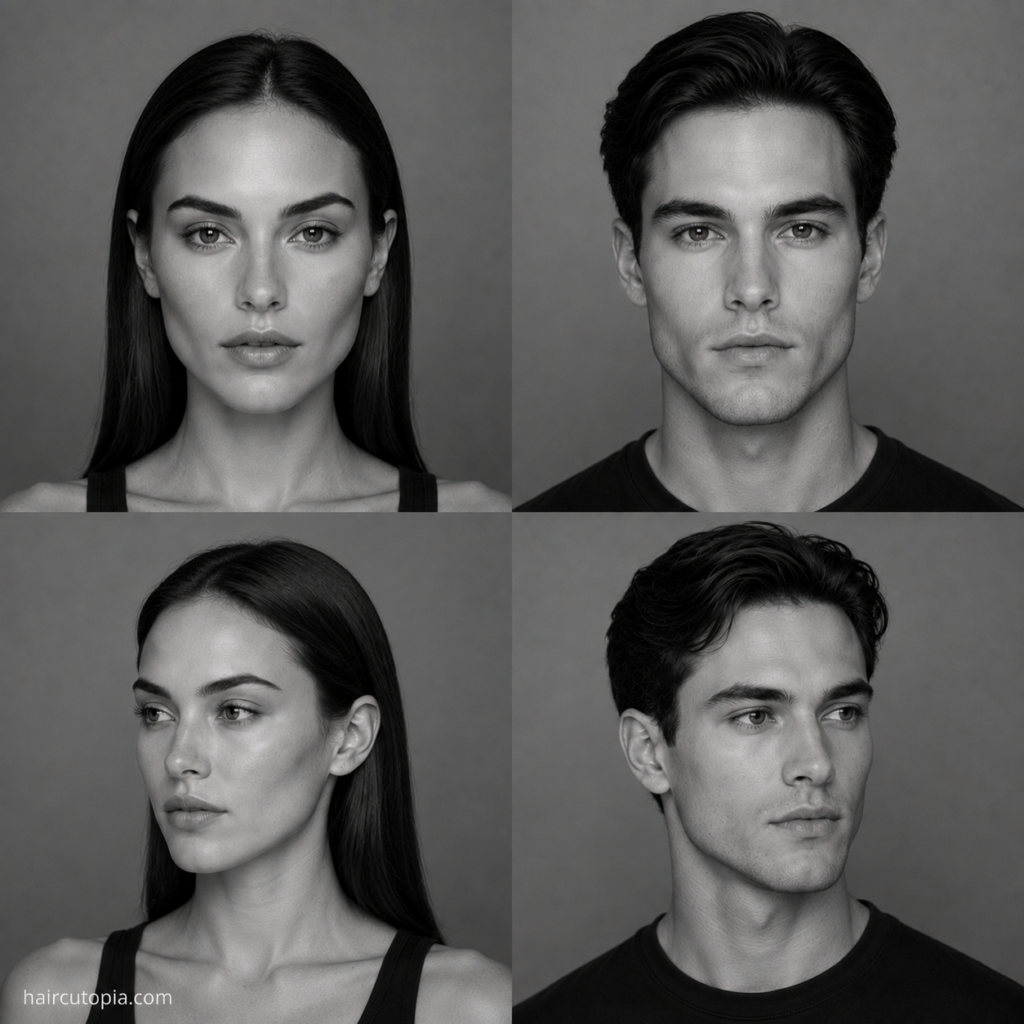 Four-panel black-and-white editorial collage showing feminine-presenting and masculine-presenting adults with diamond face shapes and straight hair from front and three-quarter views.