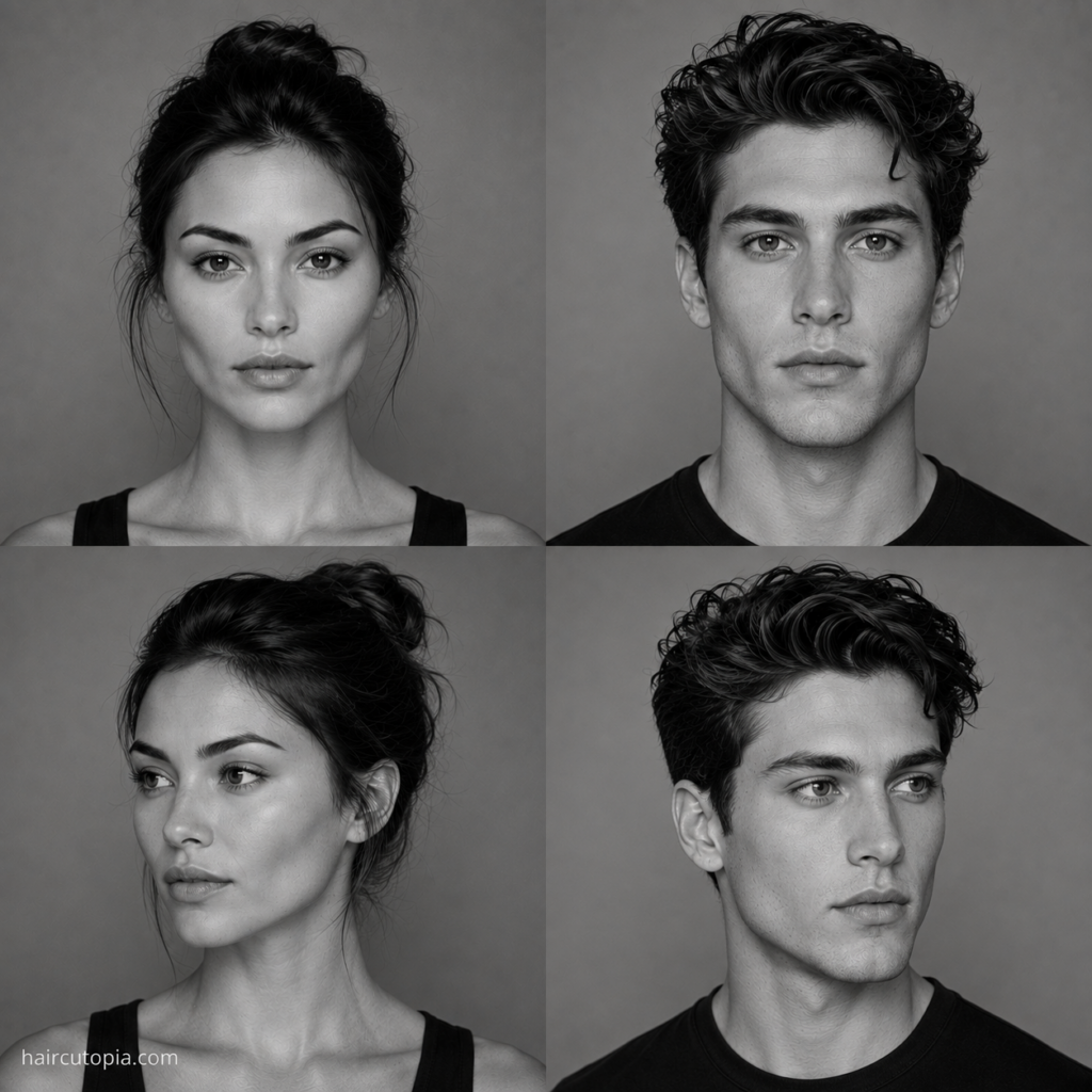 Four-panel black-and-white editorial collage showing feminine-presenting and masculine-presenting adults with diamond face shapes from front and three-quarter views.