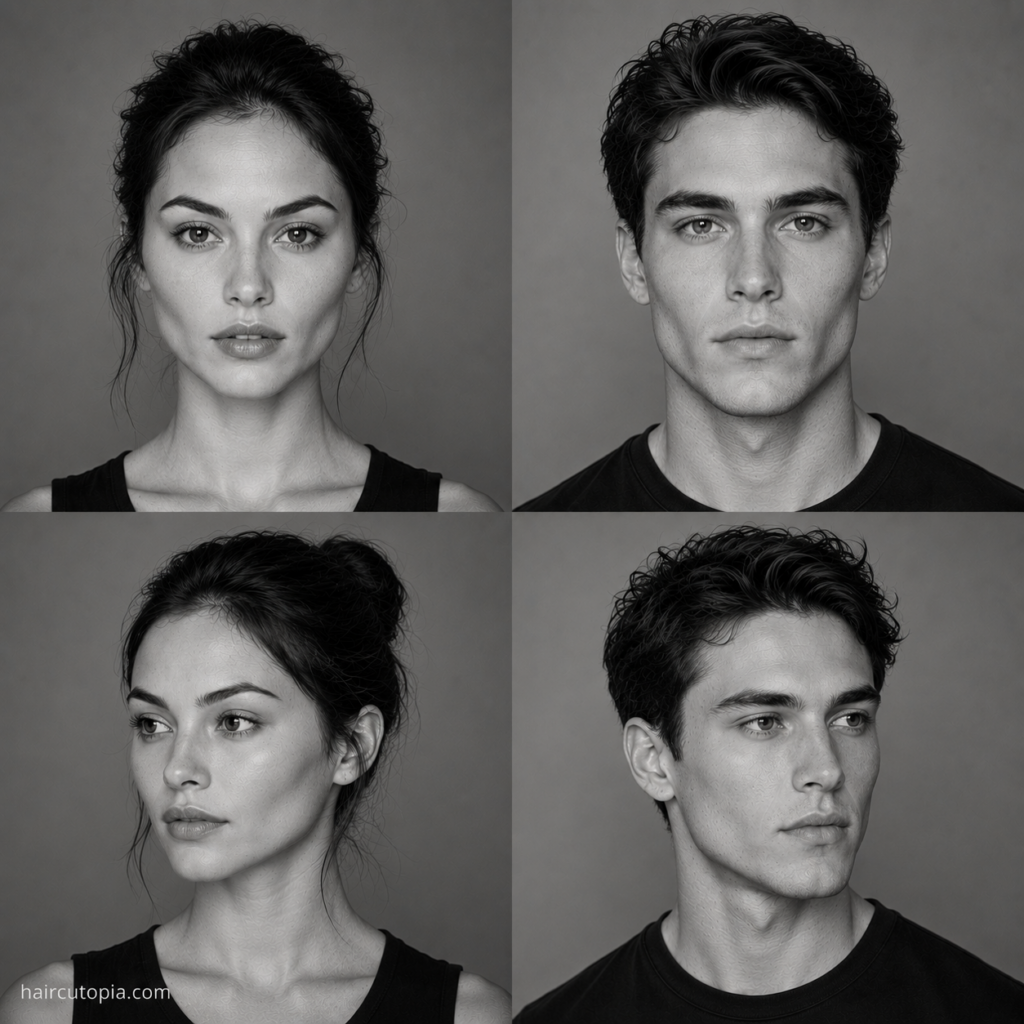Four-panel black-and-white editorial collage showing feminine-presenting and masculine-presenting adults with diamond face shapes from front and three-quarter views.
