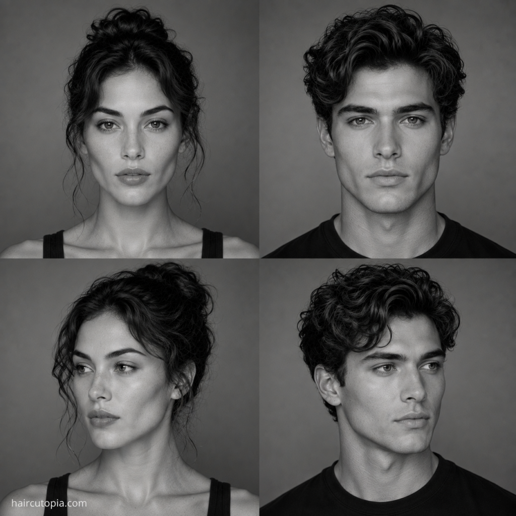 Four-panel black-and-white editorial collage showing feminine-presenting and masculine-presenting adults with diamond face shapes and naturally wavy hair from front and three-quarter views.
