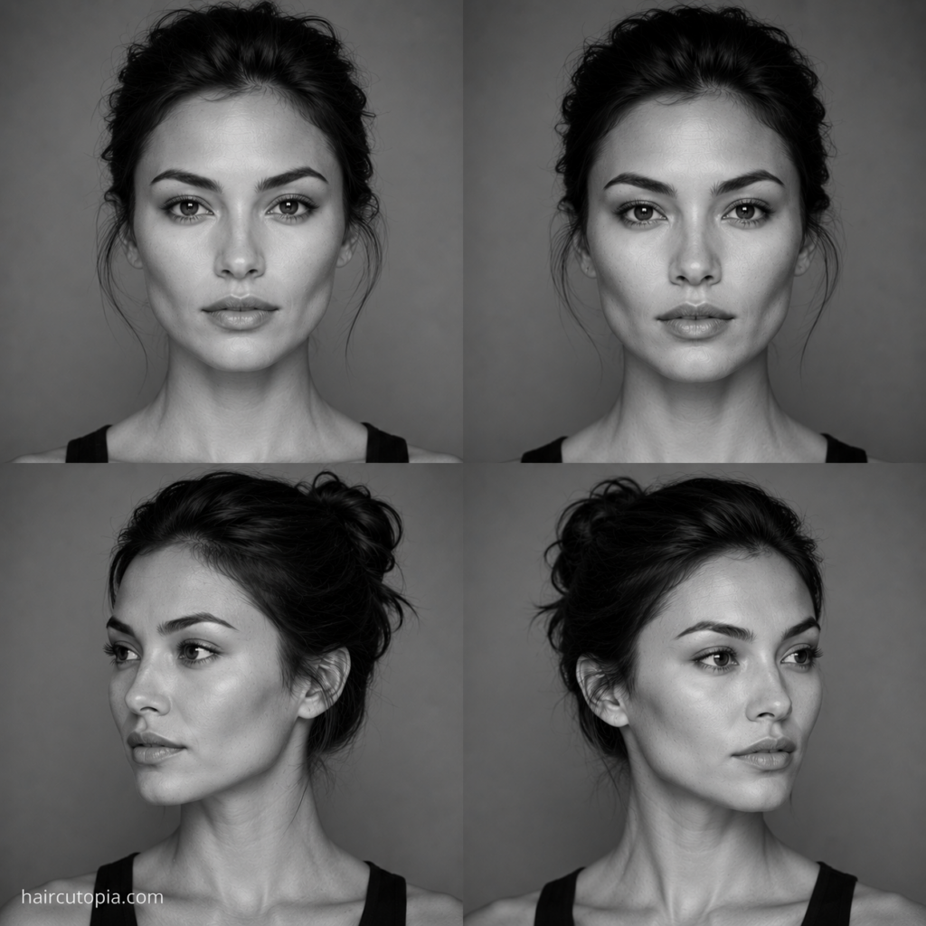 Four-panel black-and-white editorial collage showing a woman with a diamond face shape from front and three-quarter views.