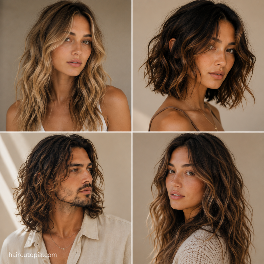 Diverse men and women showcasing easy beach waves with short, medium, and long tousled hairstyles.