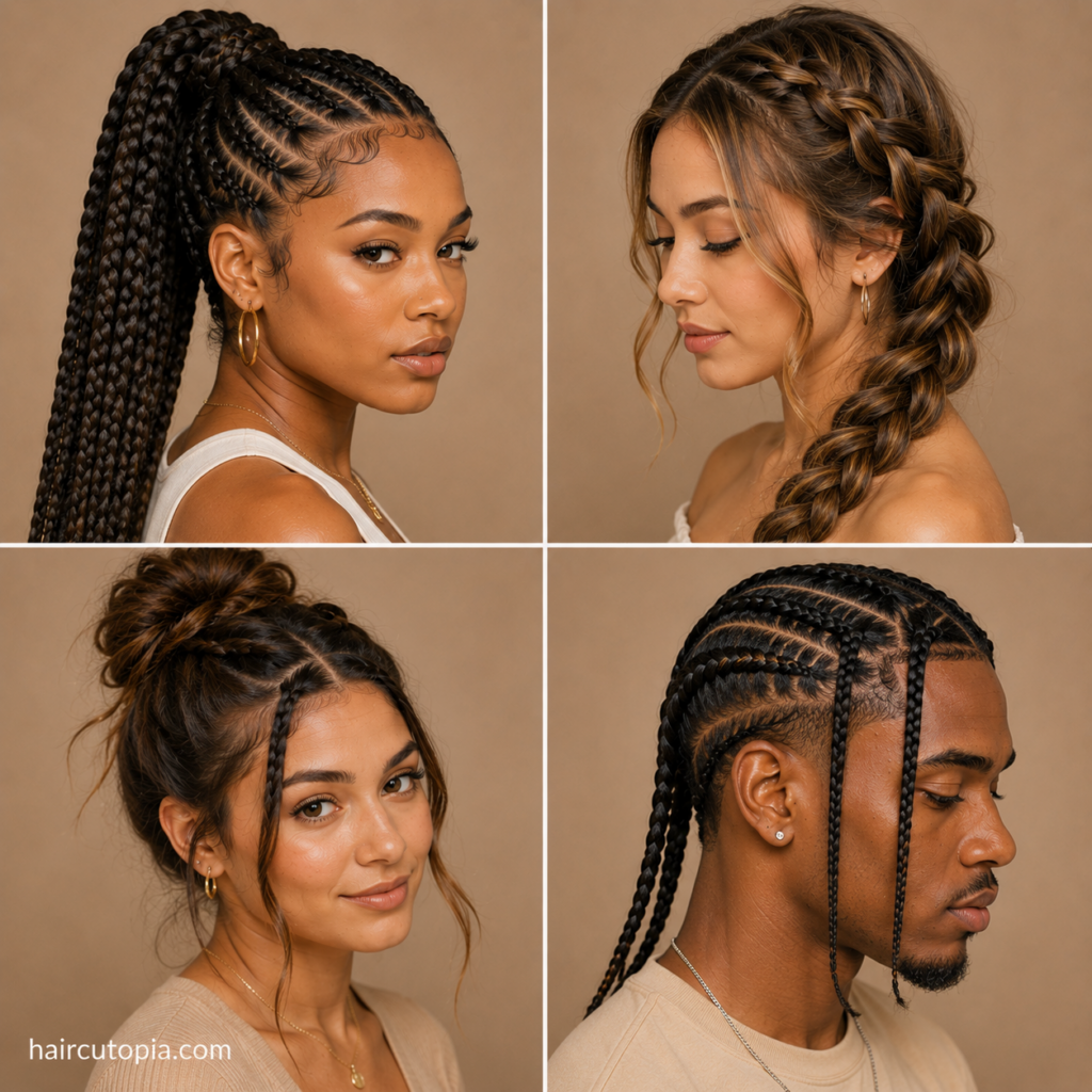Men and women showcasing easy braided hairstyles including a braided ponytail, side braid, braided bun, and cornrows