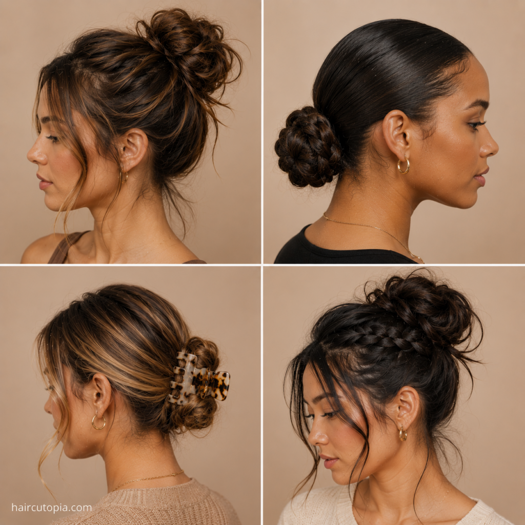 Easy bun hairstyles featuring messy, braided low, claw-clip, and textured bun variations