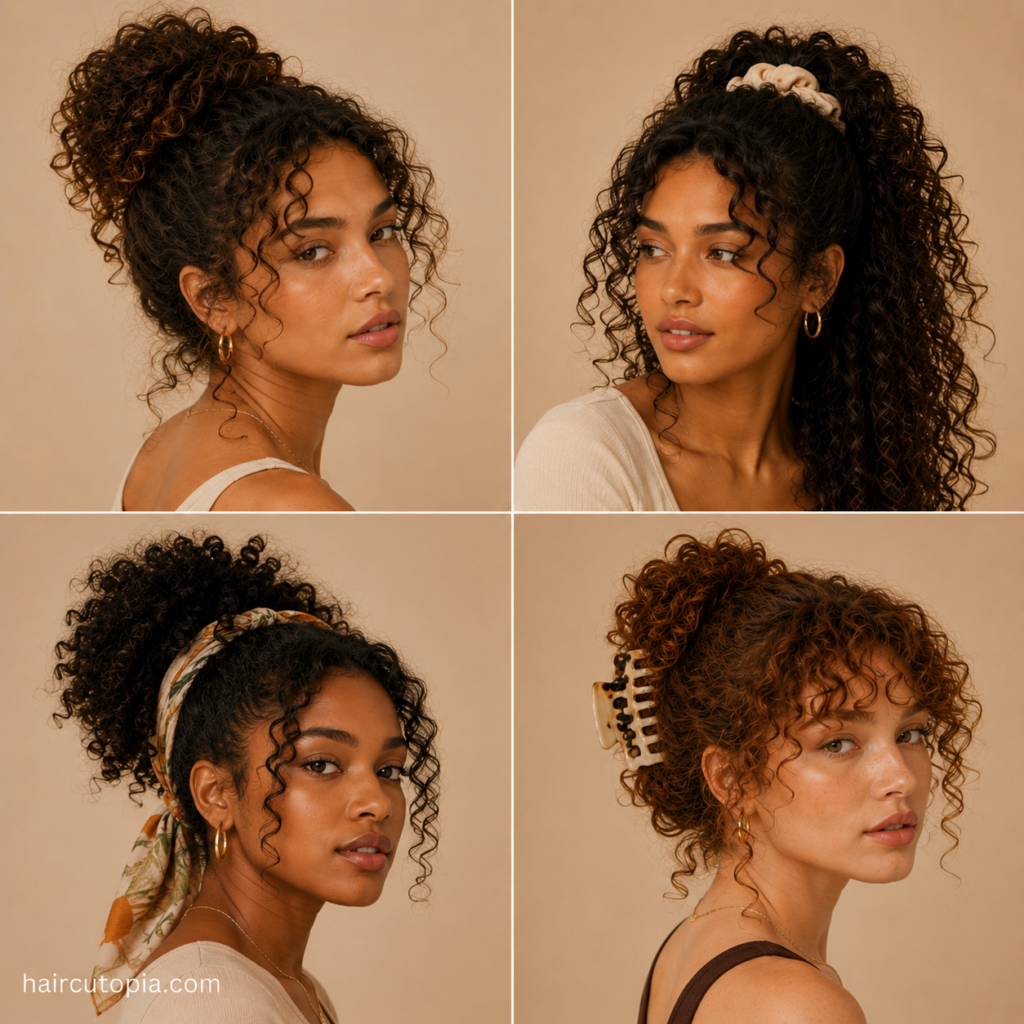 Women showcasing easy curly hairstyles including a high bun, ponytail, scarf updo, and claw clip style
