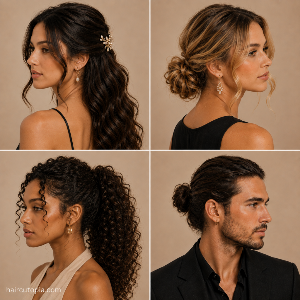 Four easy formal hairstyles featuring half-up waves, a low bun, curly ponytail, and men’s low bun