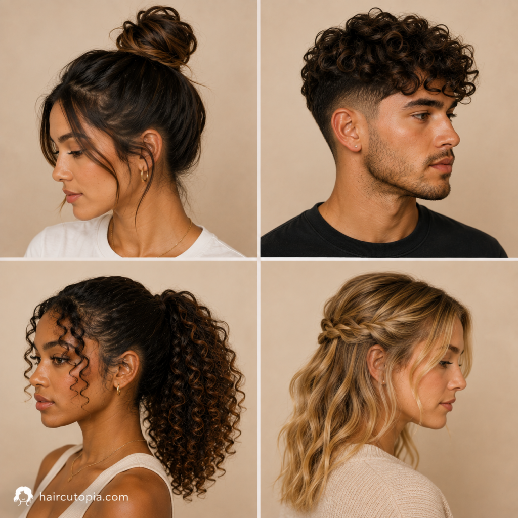 Easy hairstyle ideas featuring a messy bun, men's curly fade, curly ponytail, and half-up wavy hair