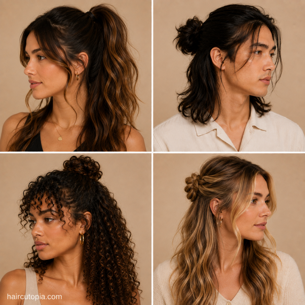 Four easy hairstyles for long hair featuring a high ponytail, messy bun, curly half-up bun, and twisted half-up waves