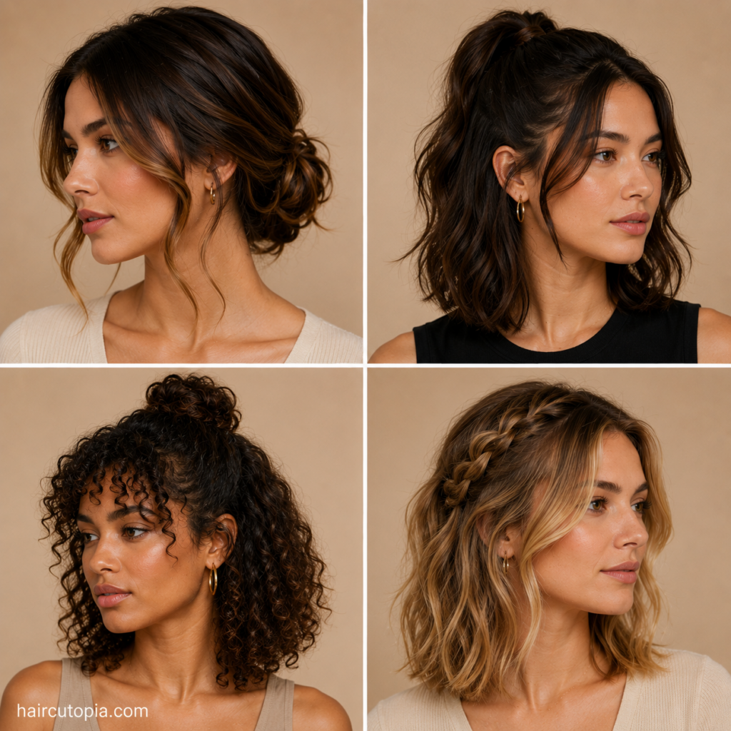 Four easy hairstyles for medium hair featuring a low bun, half-up ponytail, curly half-up style, and braided waves