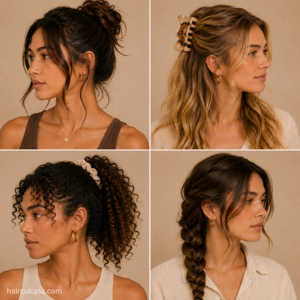 Four easy hairstyles without heat featuring a messy bun, claw clip half-up style, curly ponytail, and loose side braid