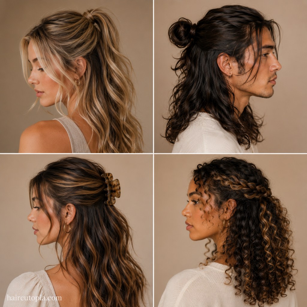 Easy half-up half-down hairstyle ideas with ponytails, buns, claw clips, braids, and curls