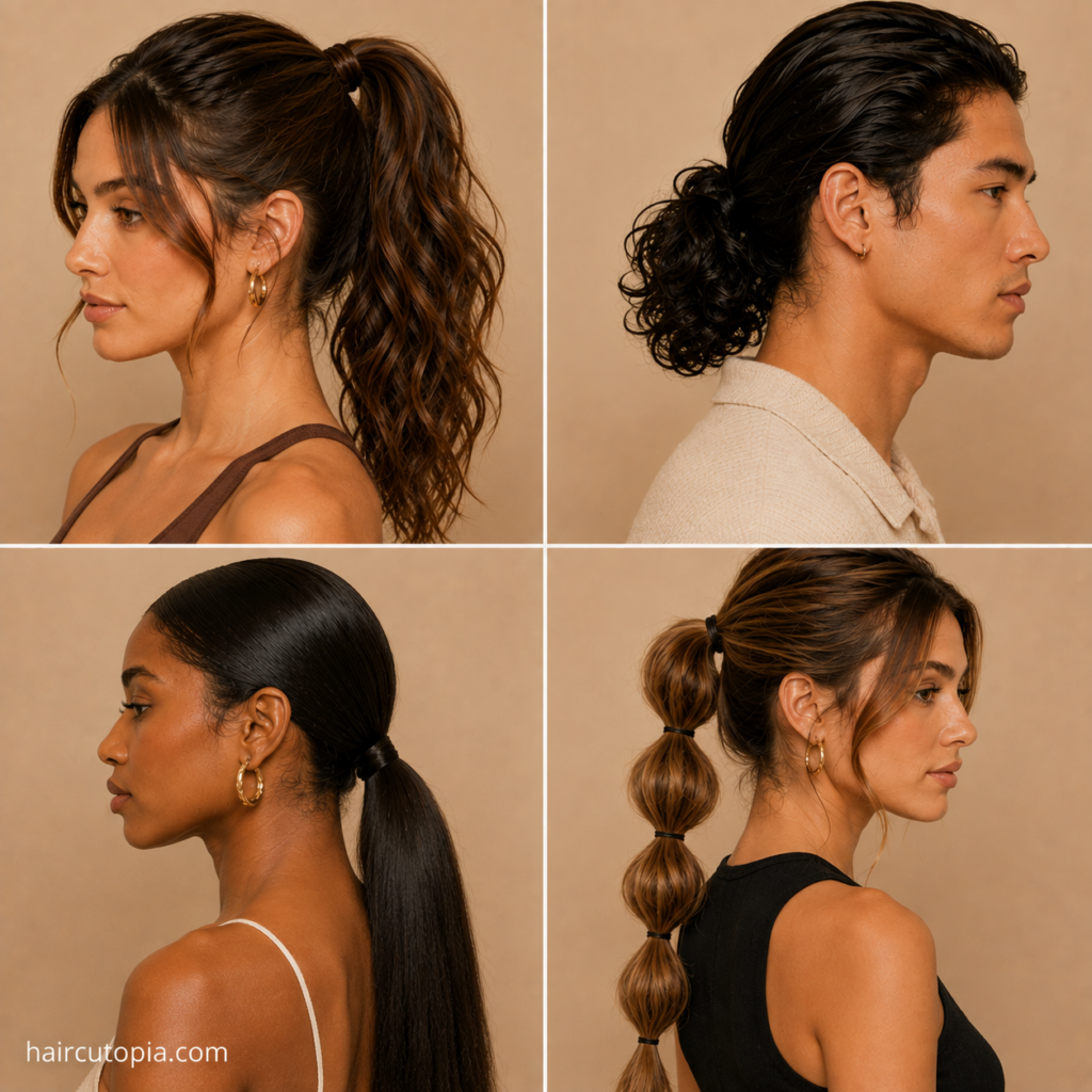 Easy ponytail hairstyles featuring wavy high, curly low, sleek straight, and bubble ponytail variations