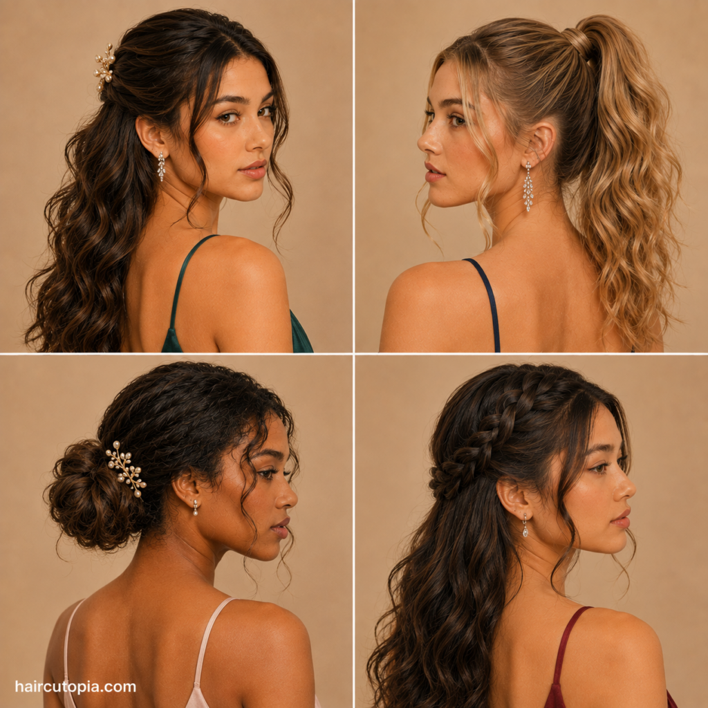 Easy prom hairstyles featuring a half-up style, curly ponytail, low bun, and braided waves