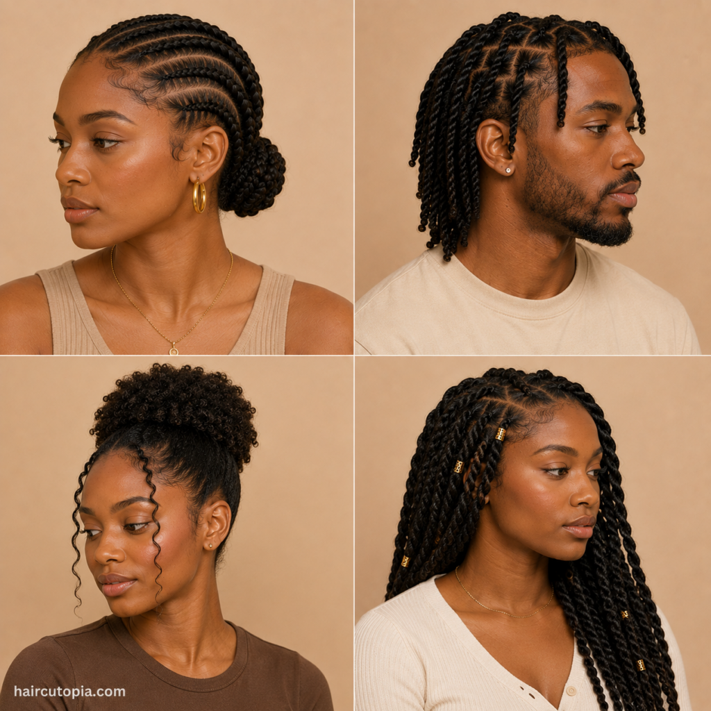 Easy protective hairstyles featuring cornrows, twists, a natural hair puff, and simple braided styles for men and women