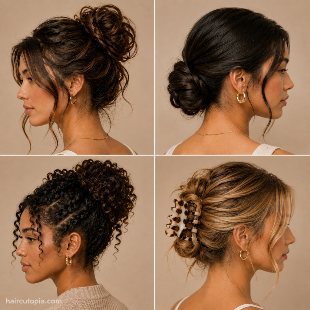 Easy updo hairstyles featuring high buns, low buns, curly updos, and claw clip styles