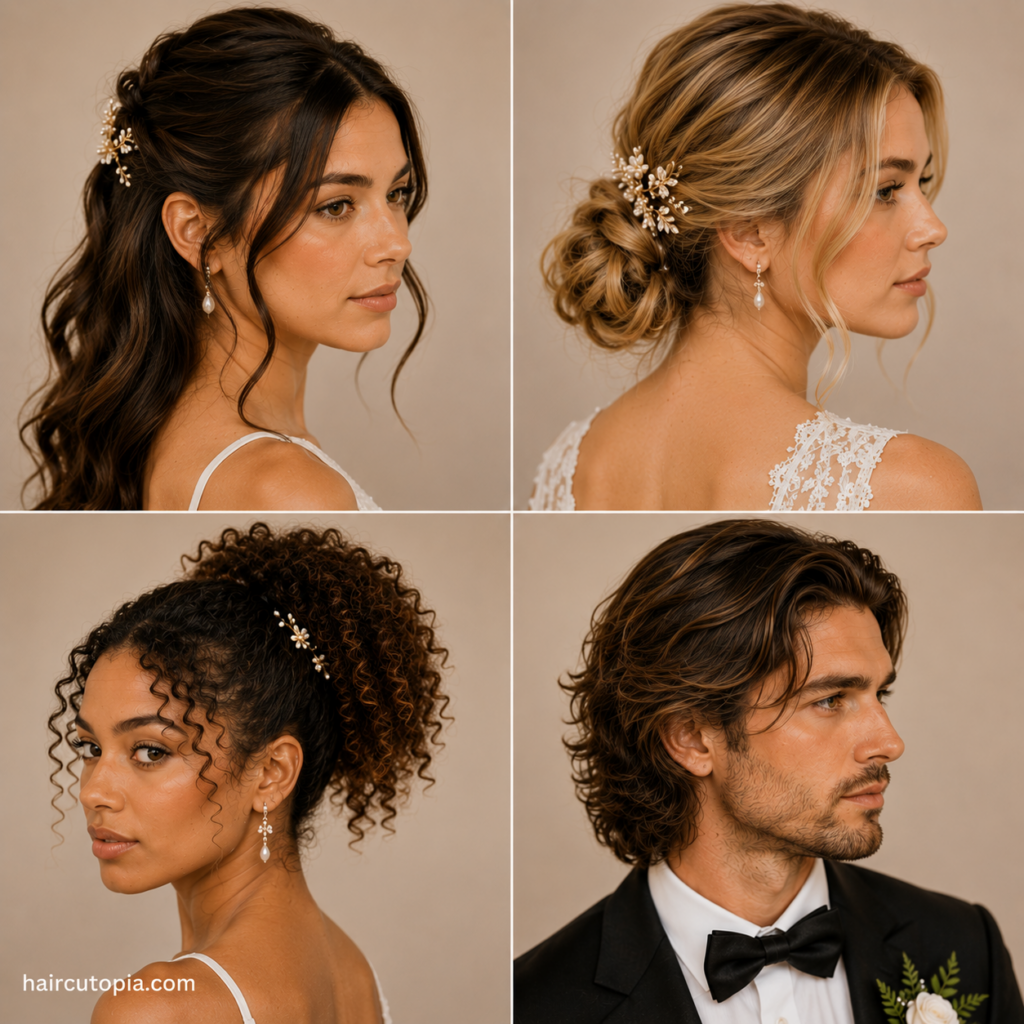 Easy wedding hairstyles featuring half-up waves, a low bun, curly ponytail, and swept-back men’s hair