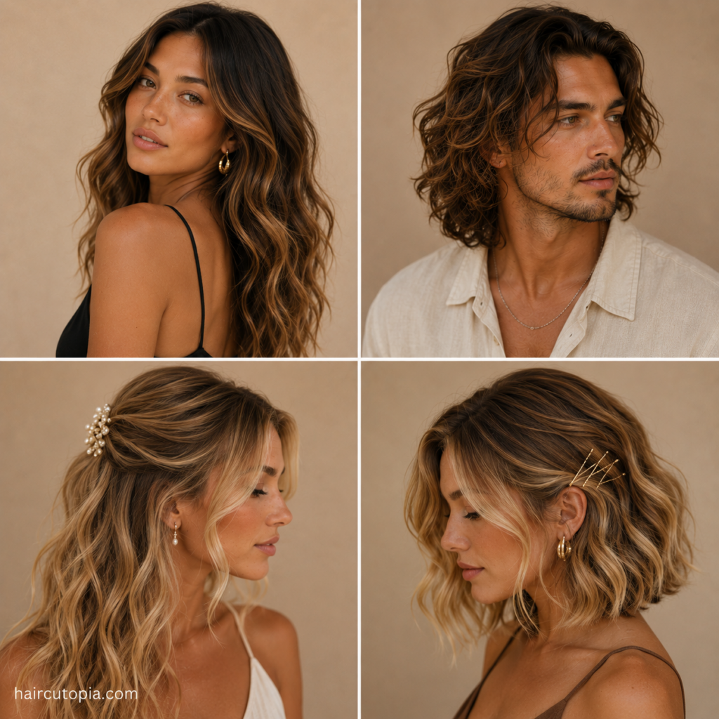 Diverse men and women showcasing elegant beach waves with polished long waves, a wavy bob, and sophisticated half-up styles.