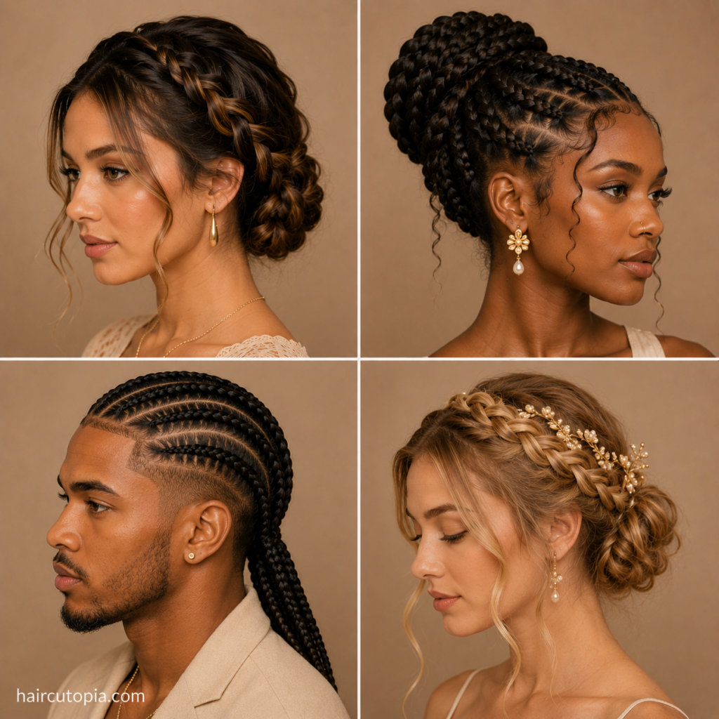 Men and women showcasing elegant braided hairstyles including braided updos, cornrows, crown braids, and formal braided buns
