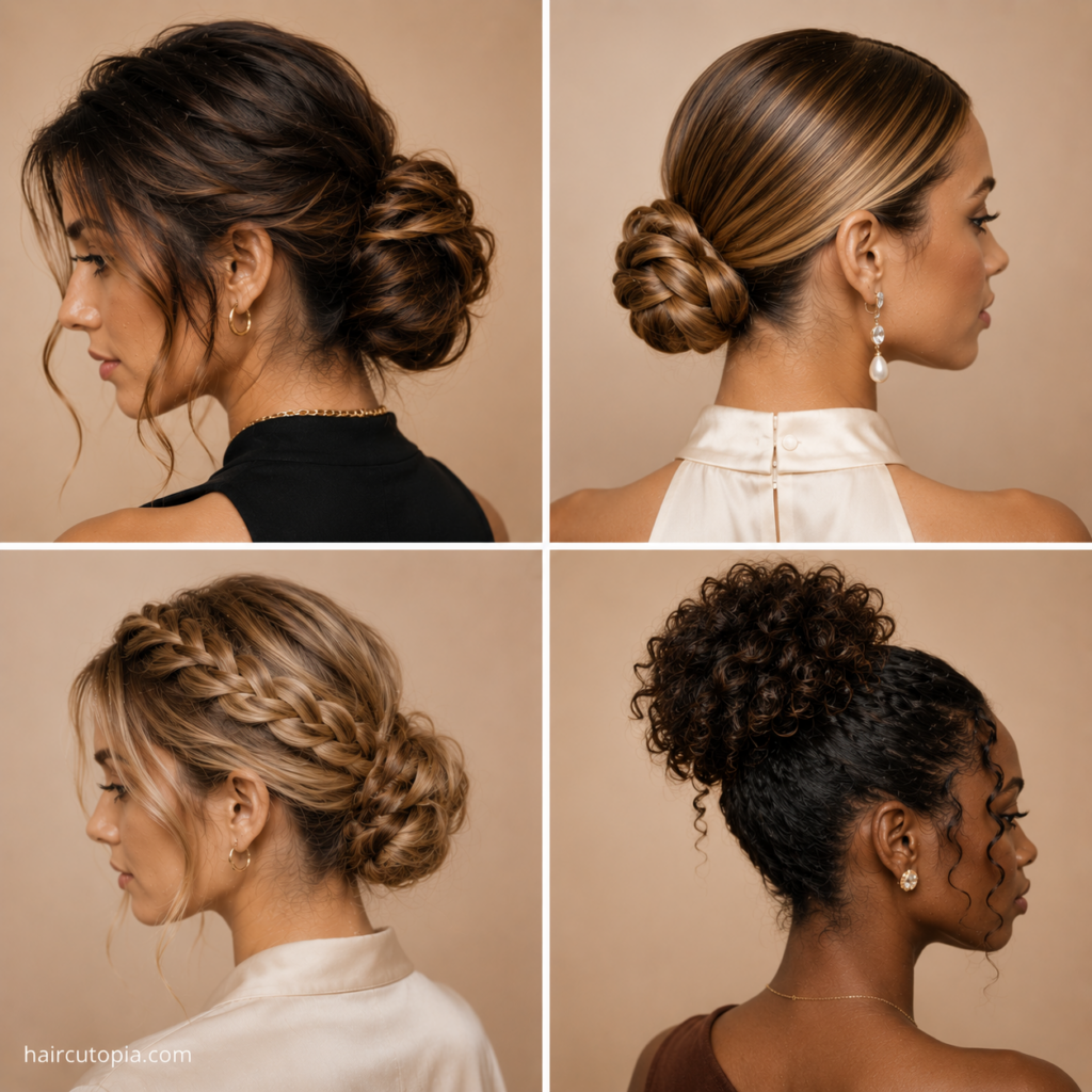 Elegant bun hairstyles featuring twisted low, braided, sleek, and curly high bun variations