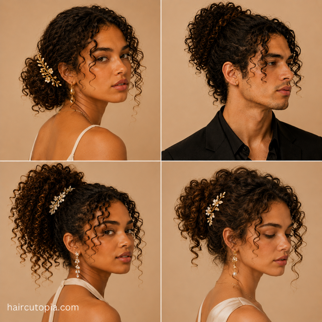Men and women showcasing elegant curly hairstyles with formal updos, buns, face-framing curls, and hair accessories