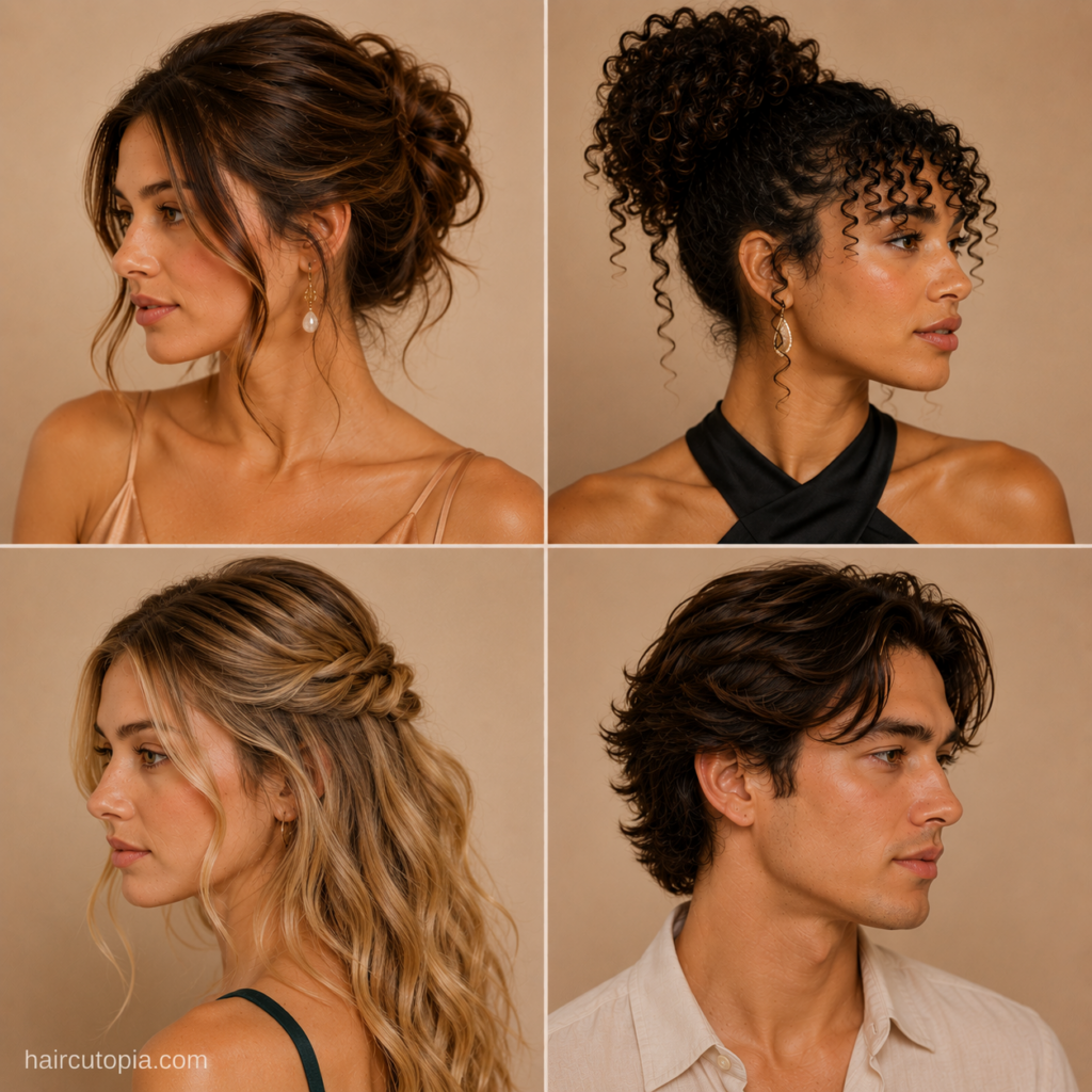 Four elegant hairstyles for special occasions featuring a soft updo, curly high bun, braided half-up waves, and styled men’s hair