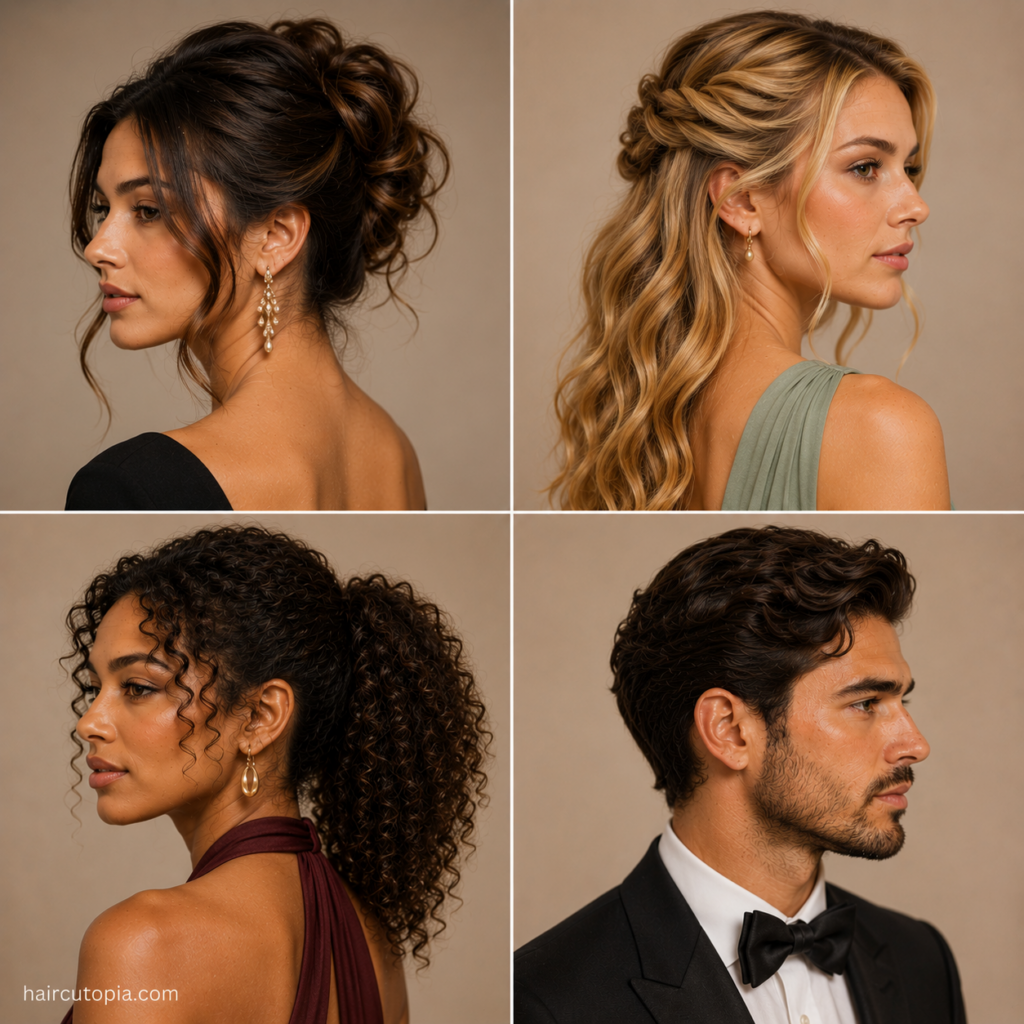 Four elegant formal hairstyles featuring a textured updo, half-up waves, curly ponytail, and men’s swept-back hairstyle