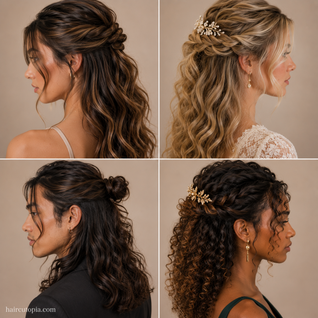 Elegant half-up half-down hairstyle ideas with twists, braids, curls, and decorative accessories