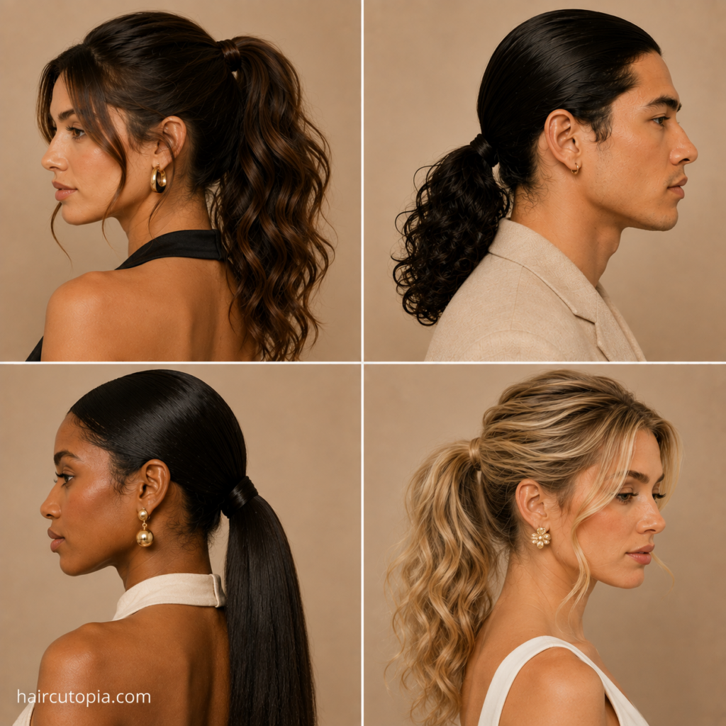 Elegant ponytail hairstyles featuring wavy high, textured low, sleek straight, and voluminous curled ponytails