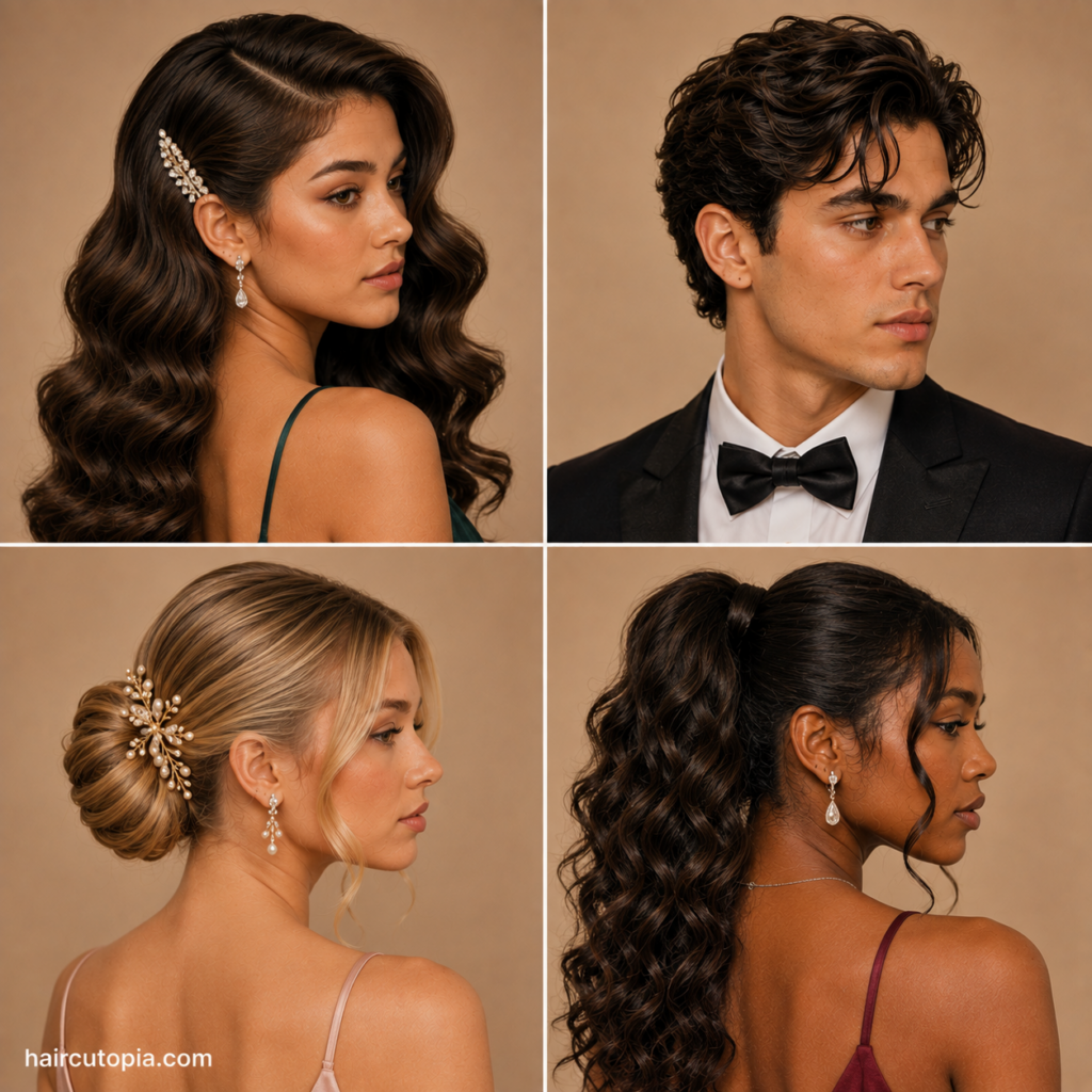 Elegant prom hairstyles featuring Hollywood waves, formal men's hair, a low chignon, and curly high ponytail